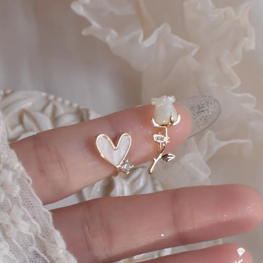 Rhinestone Stud Alloy Rose Asymmetrical Earring Heart