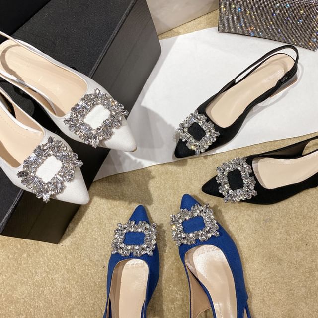 Heel Pointed Sandals Rhinestone Chunky Slingback