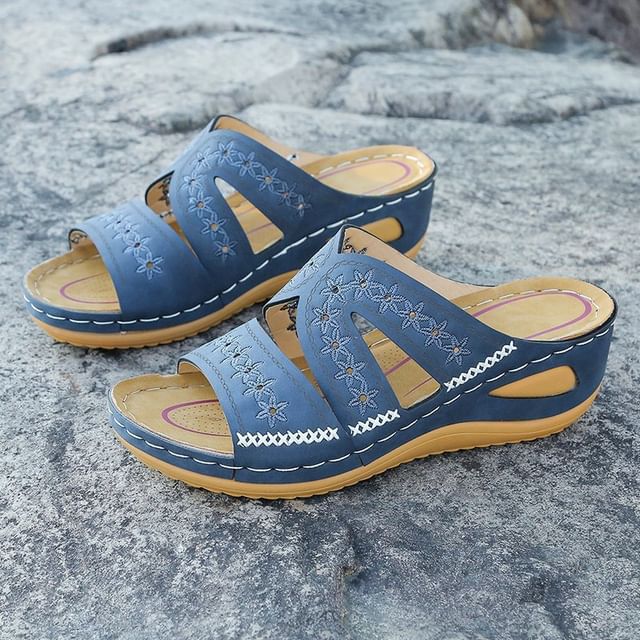 Sandals Platform Embroidered Wedge Slide Flower