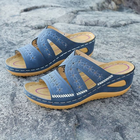 Sandals Platform Embroidered Wedge Slide Flower