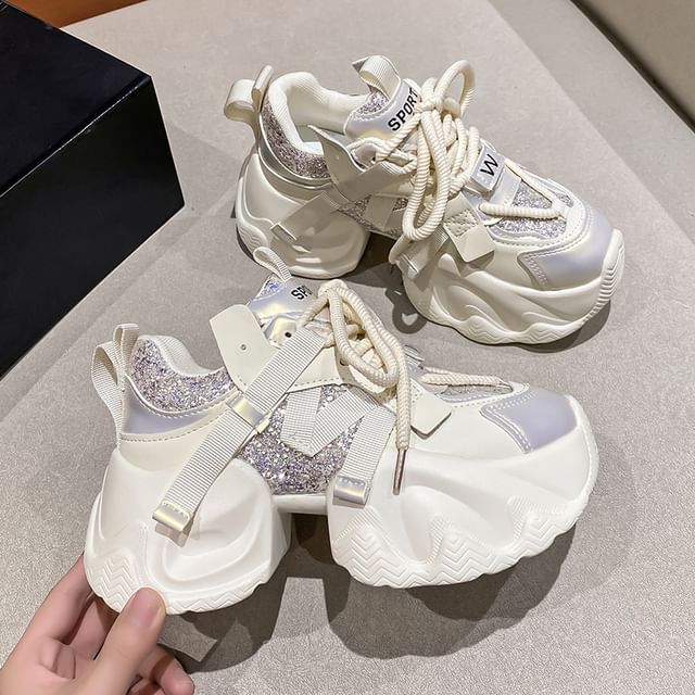 Chunky Heel Sneakers Lettering Platform