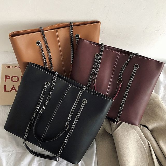 Tote Faux Strap Chain Leather Bag
