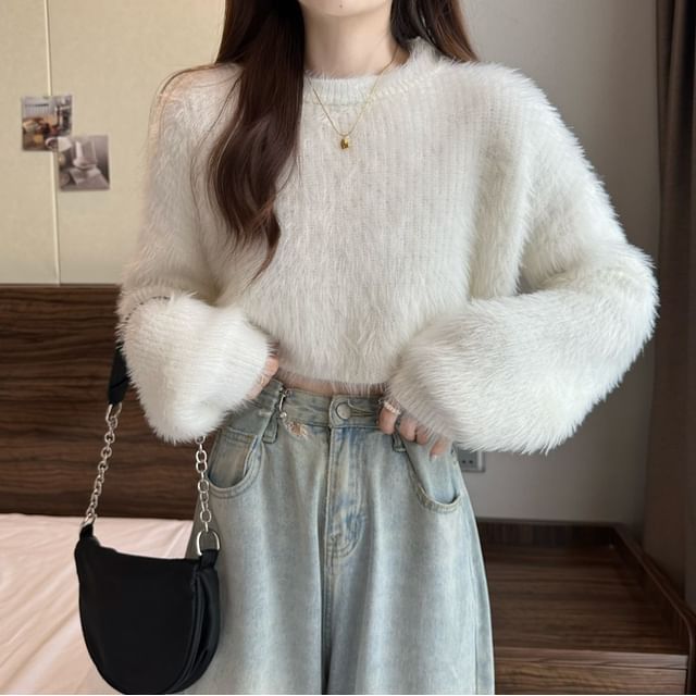 Crewneck Plain Woolen Oversize Cropped Sweater