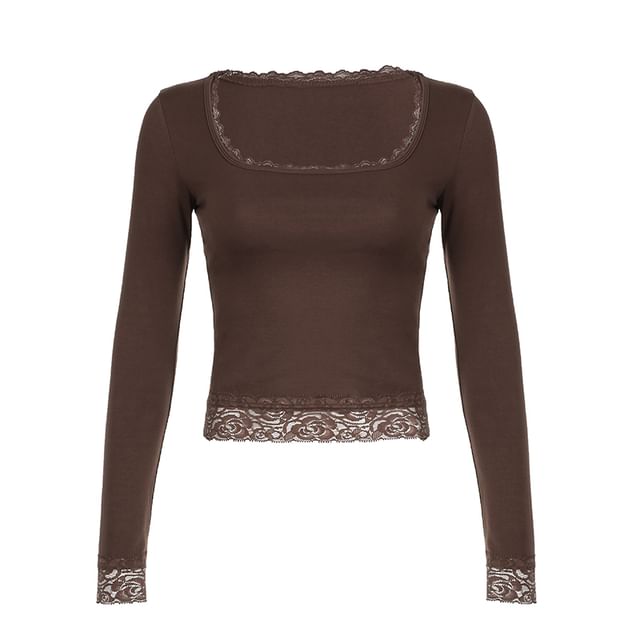 Long-Sleeve Top Cropped Square-Neck Lace