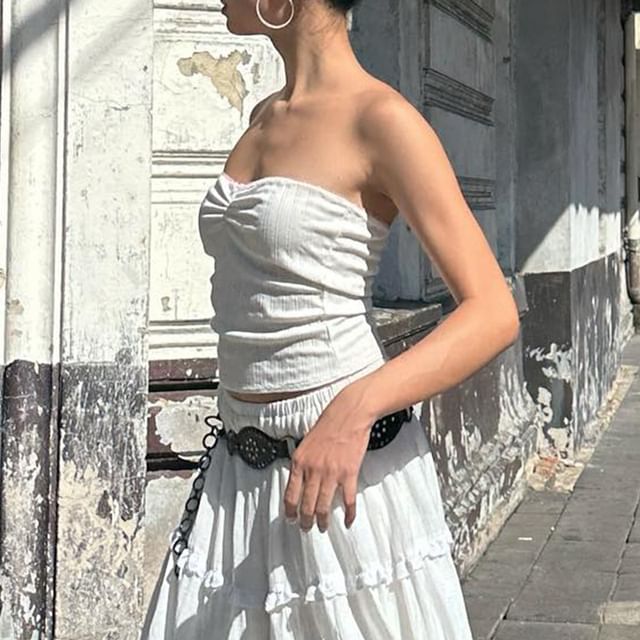 Maxi Elastic / A-Line Plain Tiered Waist Ruffle Tube Top Skirt