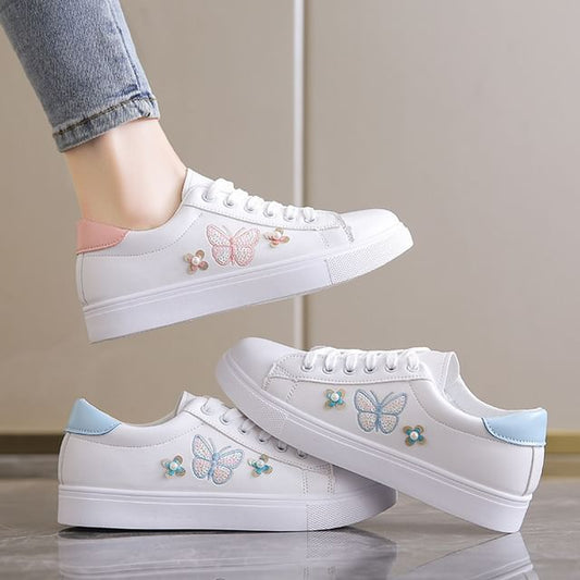 Platform Butterfly Embroidered Faux Pearl Accent Lace-Up Sneakers