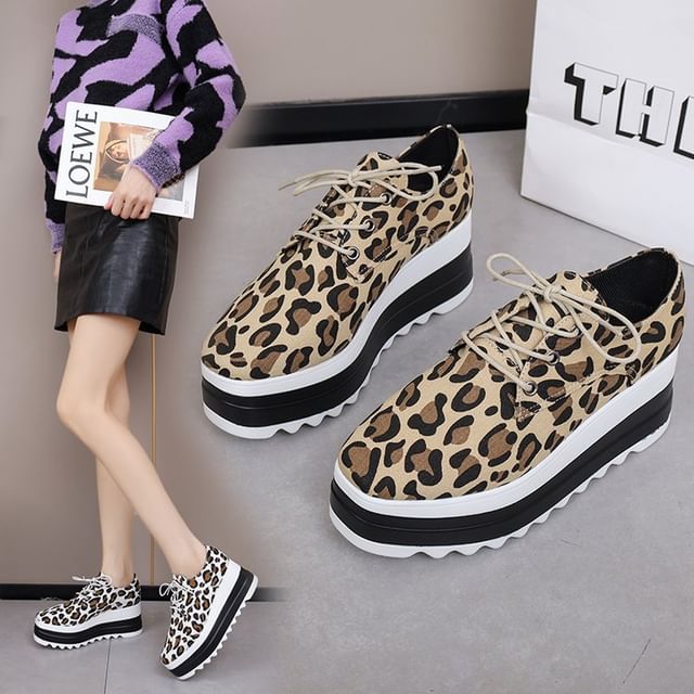Leopard Platform Shoes Print Lace-Up