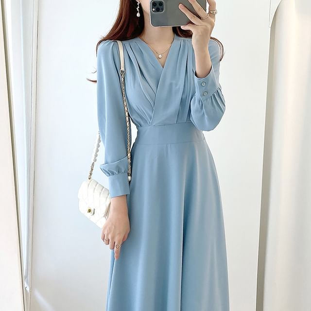 Long-Sleeve V-Neck Plain Midi A-Line Dress