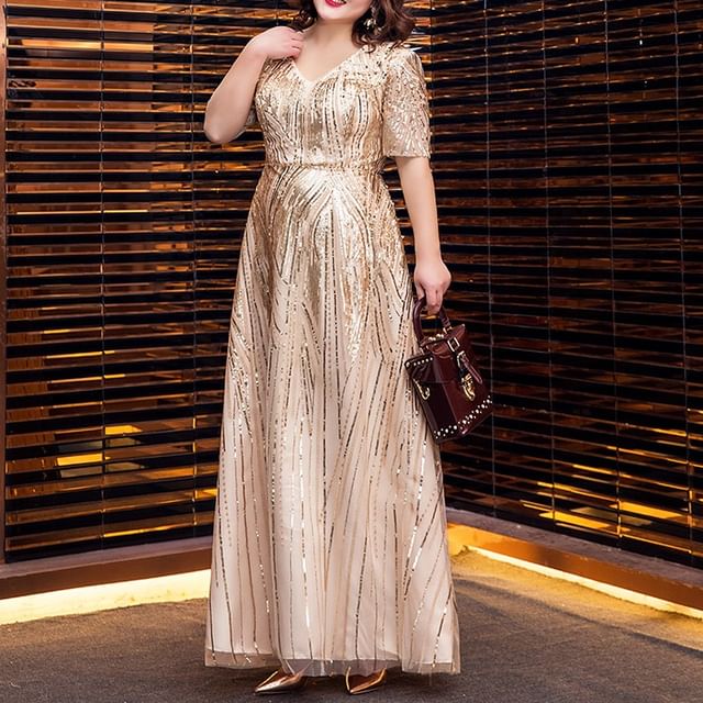 Plus Size Short-Sleeve V-Neck Shiny A-Line Evening Gown