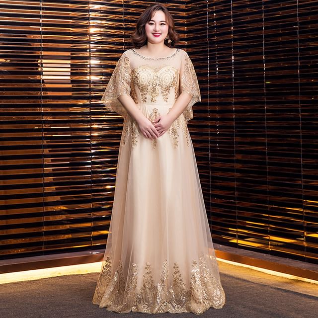 Plus Size Short-Sleeve V-Neck Shiny A-Line Evening Gown