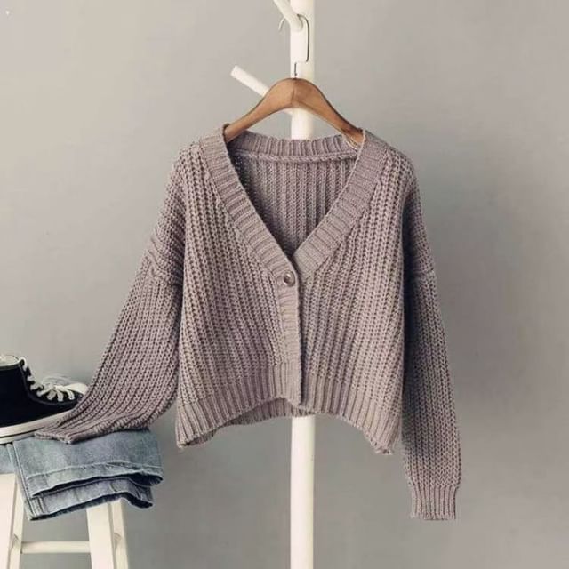 V-Neck Plain Cropped Cardigan