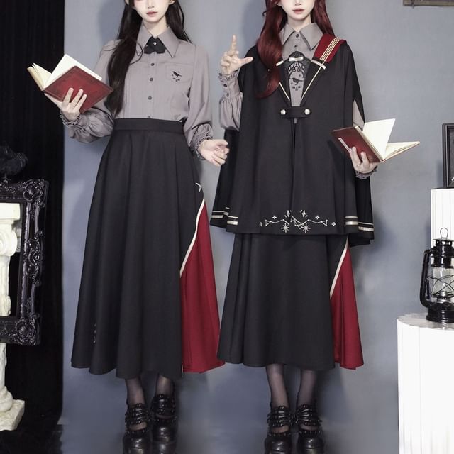 Lolita Langarmshirt mit Biesen, Kragen, Vogelstickerei / Umhang / Midirock in A-Linie mit hoher Taille / Set