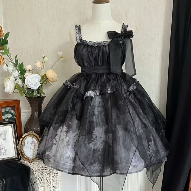 Lolita Bluse mit Stehkragen, Ärmeln, Schleife, Rüschen und Blumenmuster, ärmelloses A-Linien-Kleid aus Netzstoff mit quadratischem Ausschnitt und Schleife