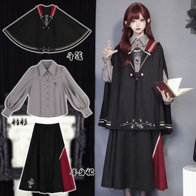 Lolita Langarmshirt mit Biesen, Kragen, Vogelstickerei / Umhang / Midirock in A-Linie mit hoher Taille / Set