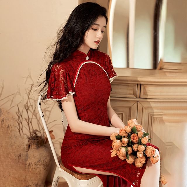 Short-Sleeve Lace Mini Qipao Dress