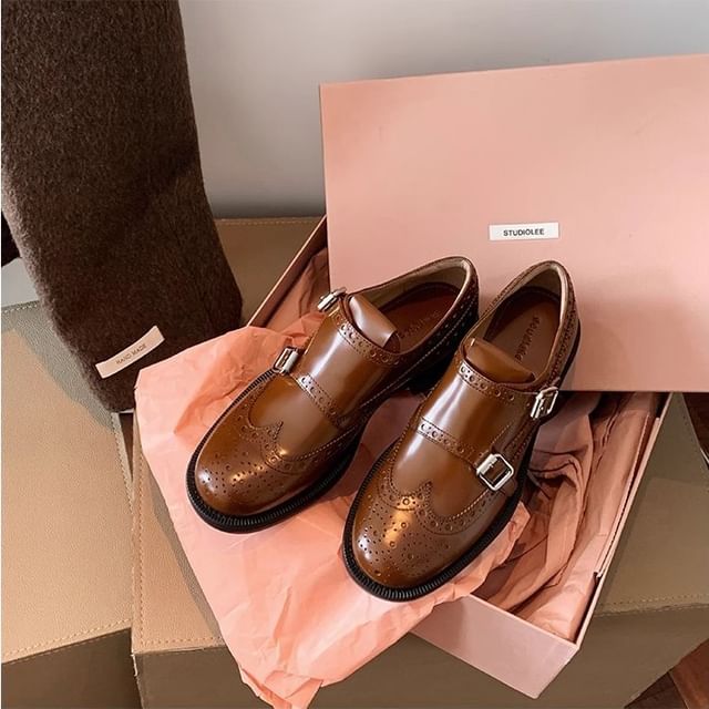 Strap Buckled Leather Shoes Monk Genuine