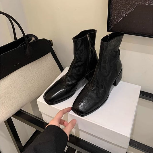 Leather Low-Heel Boots Square Genuine Short Toe