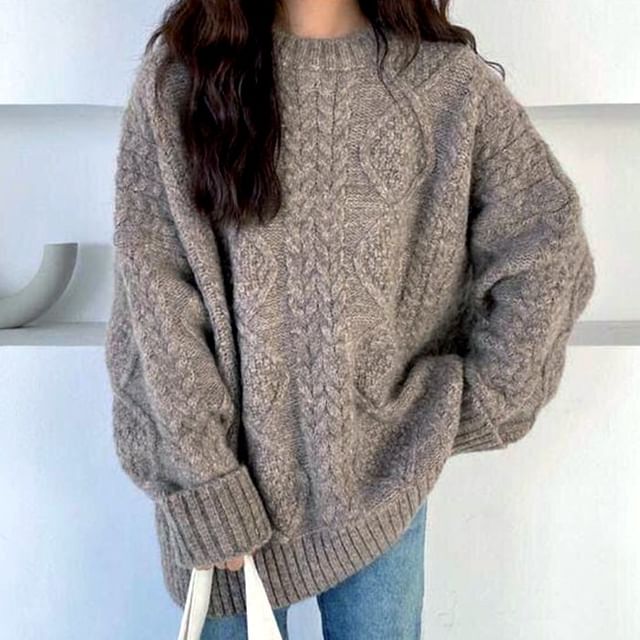 Long-Sleeve Neck Cable Knit Sweater Plain Crew