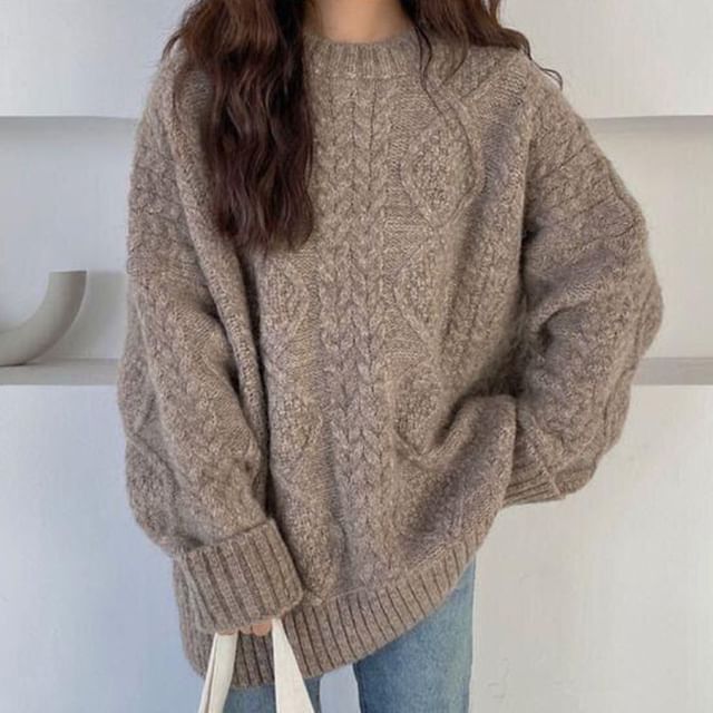 Long-Sleeve Neck Cable Knit Sweater Plain Crew
