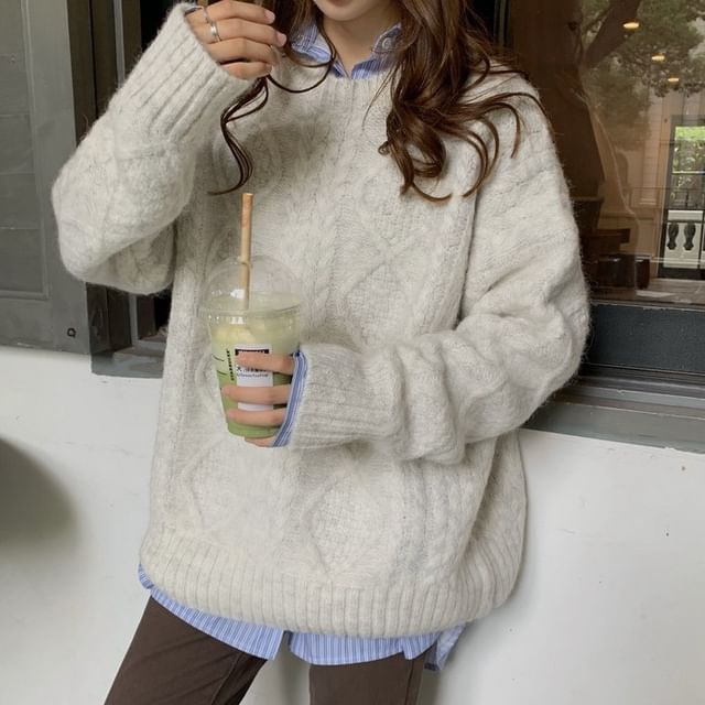 Long-Sleeve Neck Cable Knit Sweater Plain Crew