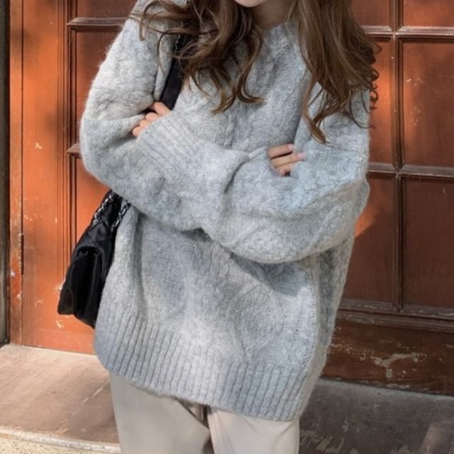 Long-Sleeve Neck Cable Knit Sweater Plain Crew