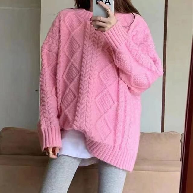 Long-Sleeve Neck Cable Knit Sweater Plain Crew