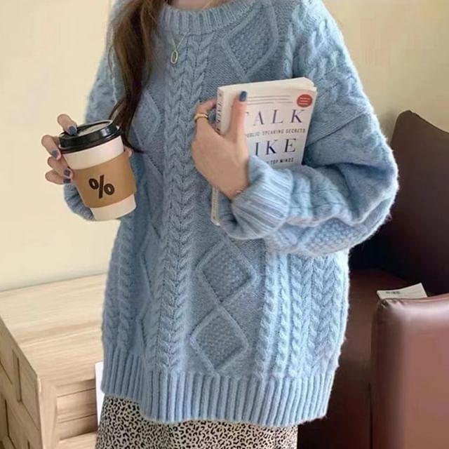 Long-Sleeve Neck Cable Knit Sweater Plain Crew