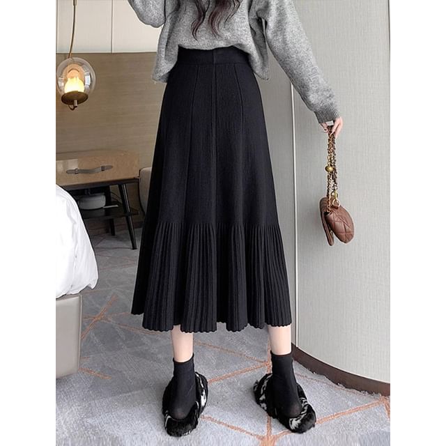 High Waist Plain Midi A-Line Knit Skirt