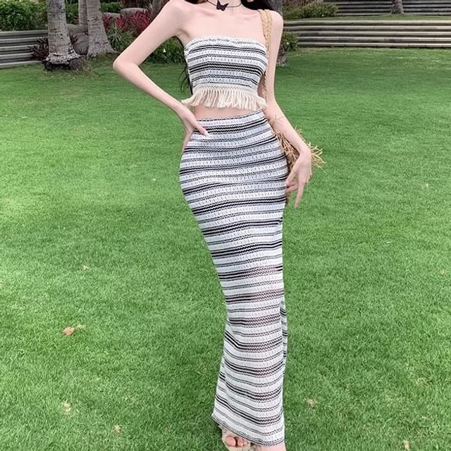 Set: Striped Fringed Crop Tube Top + High Waist Slit Maxi Pencil Skirt