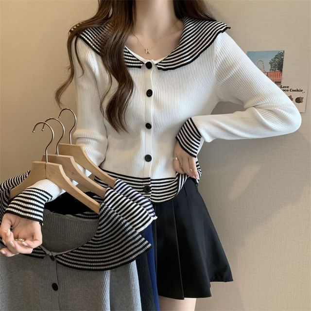 Long-Sleeve Panel Top Ribbed Button Knit Striped Collar