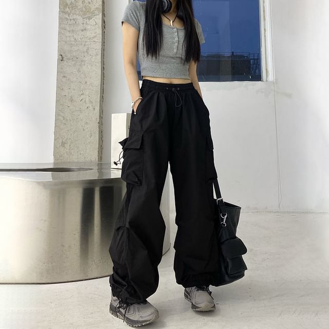Wide Cargo Leg Pants Waist Plain Drawstring