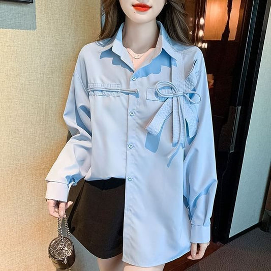 Plain Bow Accent Shirt Long-Sleeve