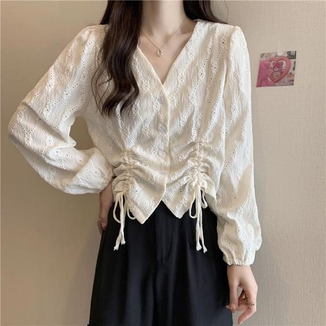Long-Sleeve Eyelet Blouse Plain V-Neck Drawstring