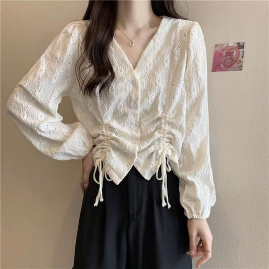 Long-Sleeve Eyelet Blouse Plain V-Neck Drawstring