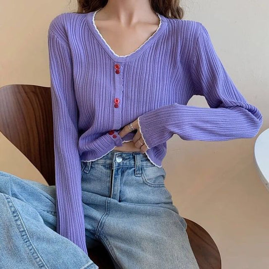 Button Long-Sleeve Contrast Knit Trim V-Neck Ribbed Crop Top