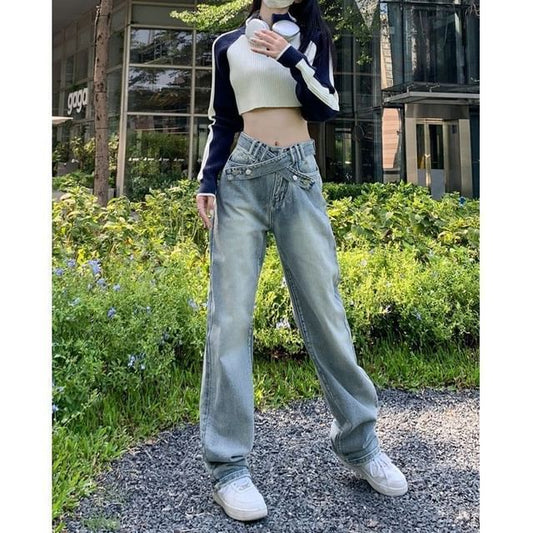 Mid Washed Rise Loose Jeans Fit