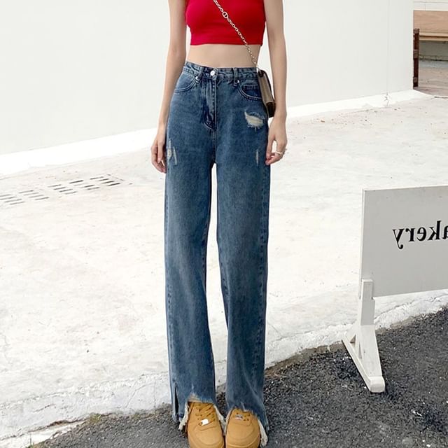 High Fit Waist Distressed Loose Jeans