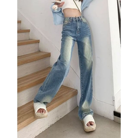 Wide Waist Washed Jeans Leg High