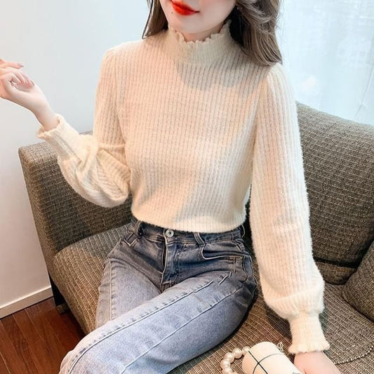 Lace Mock Top Neck Plain Long-Sleeve
