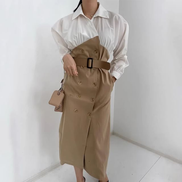 Long-Sleeve Collared  Two Tone Double-Breasted Midi Shirt Dress