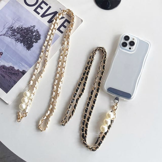 Leather Faux Alloy Phone Pearl Lanyard