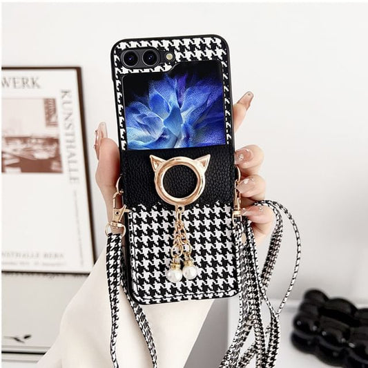 Lanyard Pearl Faux Cat Houndstooth Case Phone