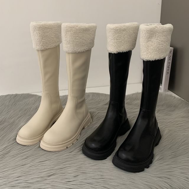 Fleece Platform Knee High Panel Boots