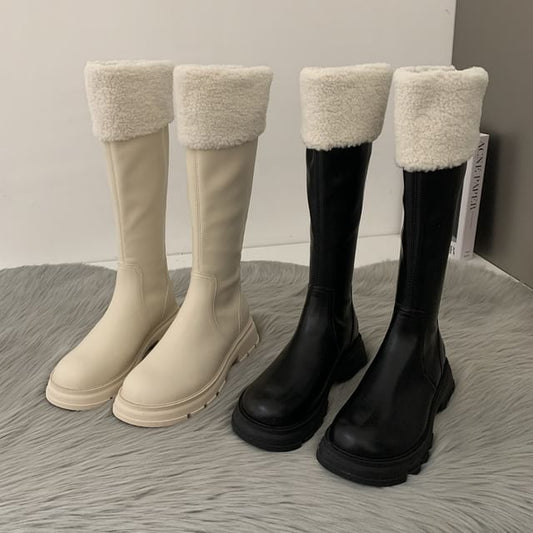 Fleece Platform Knee High Panel Boots