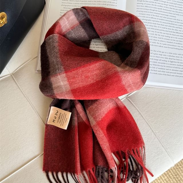 Scarf Applique Wool Plaid Fringed Lettering