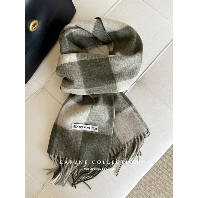 Scarf Applique Wool Plaid Fringed Lettering