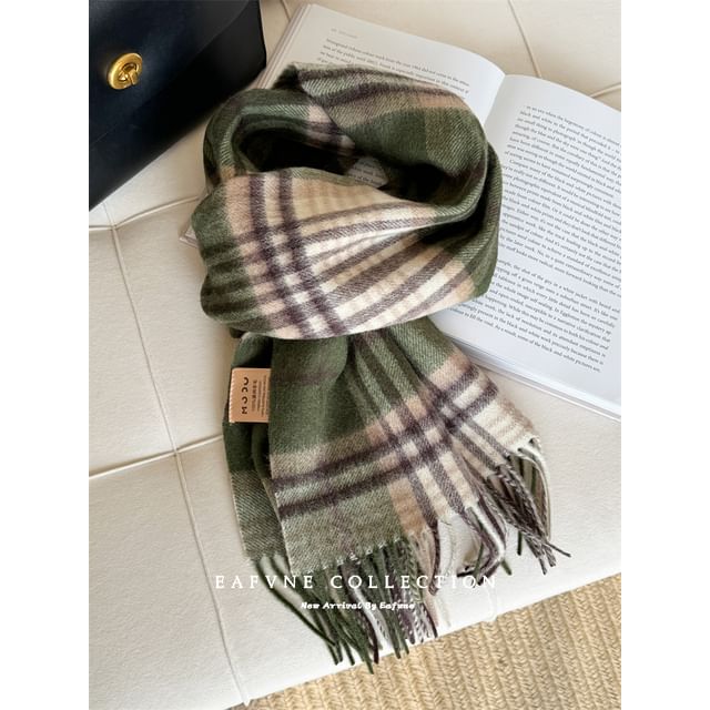 Scarf Applique Wool Plaid Fringed Lettering