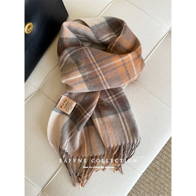 Scarf Applique Wool Plaid Fringed Lettering