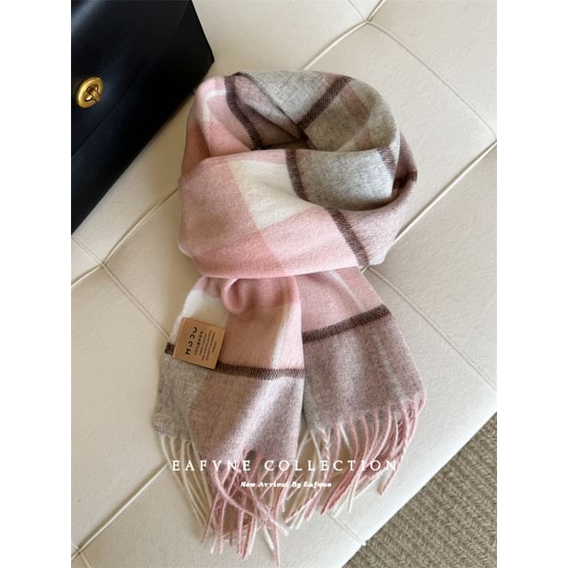 Scarf Applique Wool Plaid Fringed Lettering
