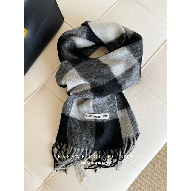 Scarf Applique Wool Plaid Fringed Lettering